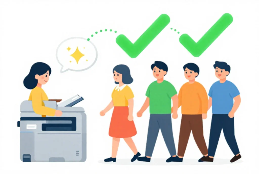 カチッサー効果でコピー機の列に割り込みが通る場面のイラスト