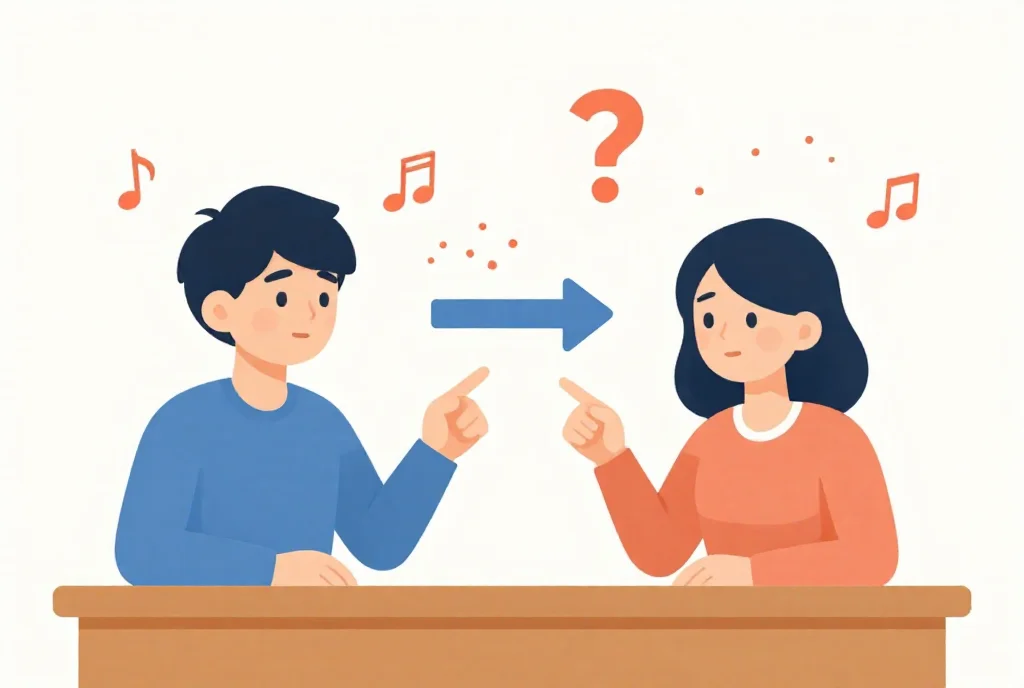 知識の呪いを示す叩く人と聴く人の認知ギャップイラスト