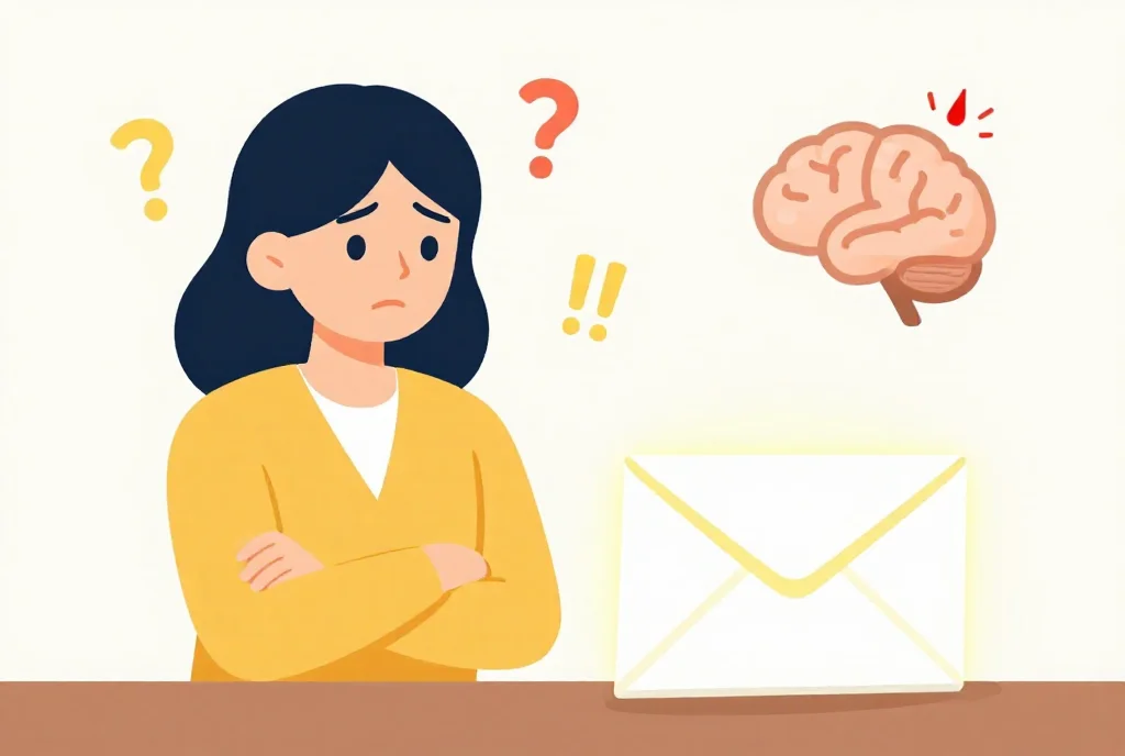 不安な情報から目を背ける女性と脳の防衛反応のイラスト