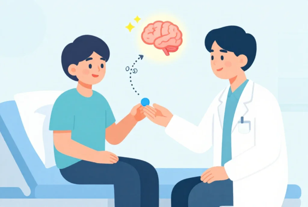 医師が患者に偽薬を渡し脳に作用するプラセボ効果のイラスト