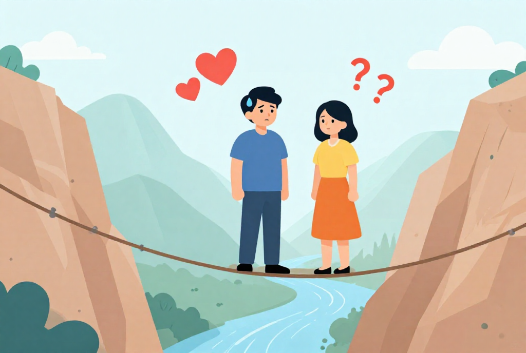 吊り橋の上で感情の誤帰属が生まれる男女のイラスト