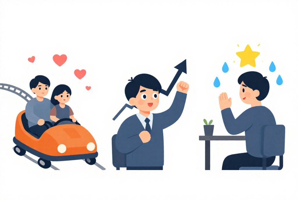 恋愛・投資・面接で起きる吊り橋効果の3場面イラスト