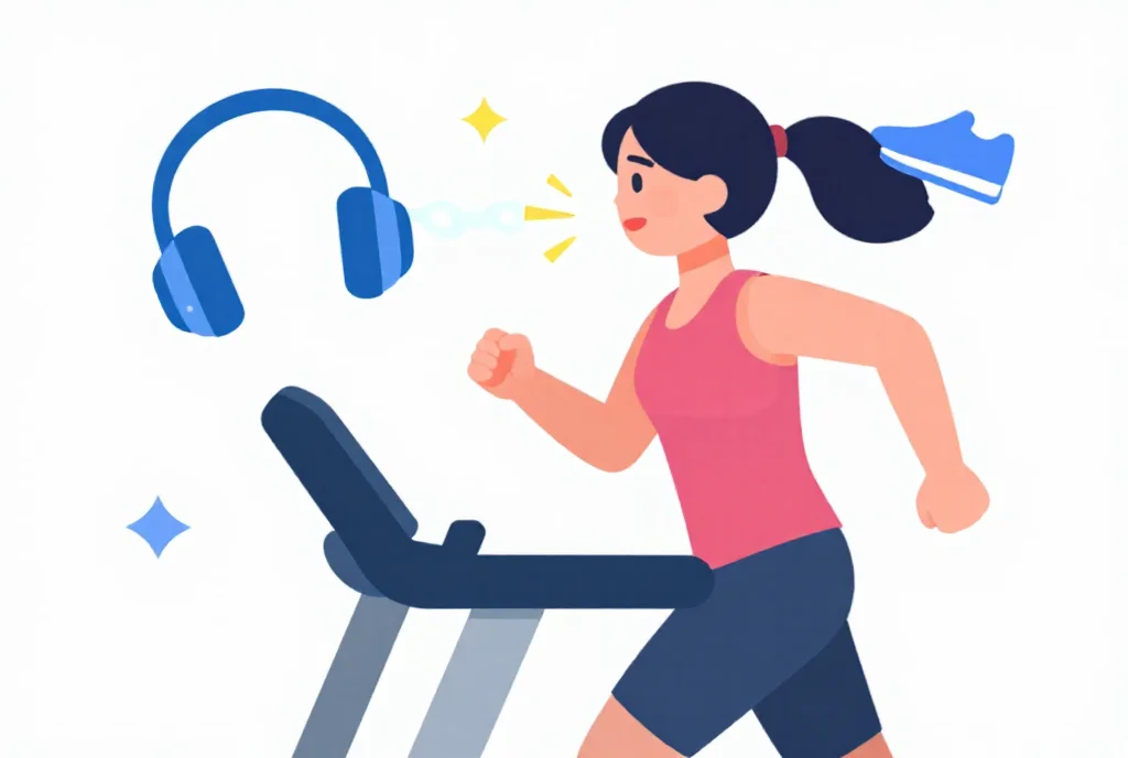 ジムで音楽を聴きながら運動する女性のイラスト（義務と快楽の束ね）